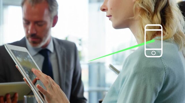 Woman tapping tablet, activating animated phone globe chat links around her for business data sync