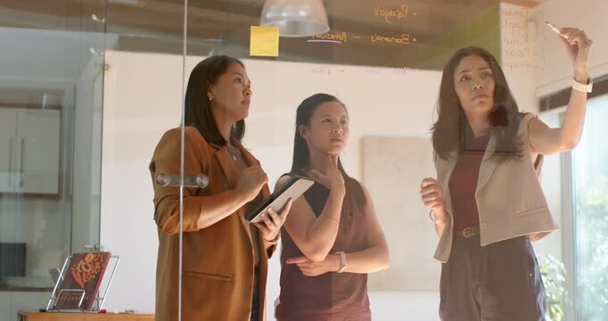 Diverse females watching right woman reaching with marker and marking glass in office, using tablet