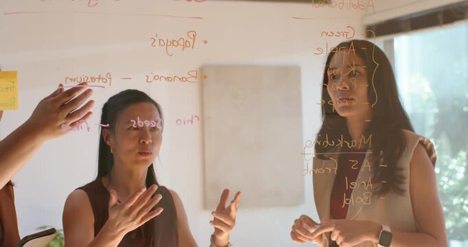 Diverse women coworkers reviewing Seeds, Marketing, refining plan at glass board with red marker