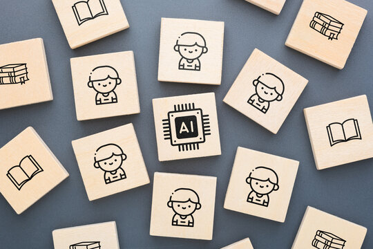Children surrounded by AI technology while books remain outside, concept of future education