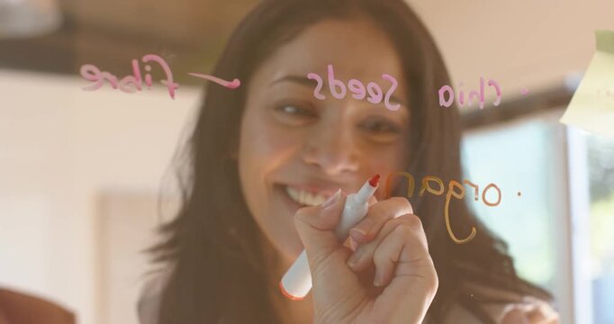 Diverse female team in-office blazer-clad writing on glass with red pen adding note planning launch