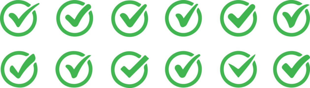 green circle checkmark tick icon set outline flat design for approval success verification and task completion app ui

