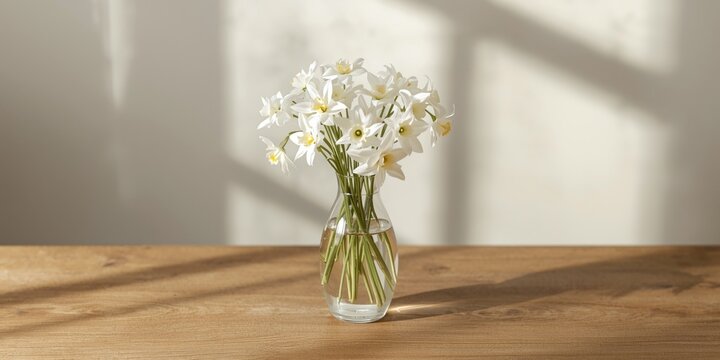 Bright white paperwhite flowers showcased in a glass vase above a textured wooden surface