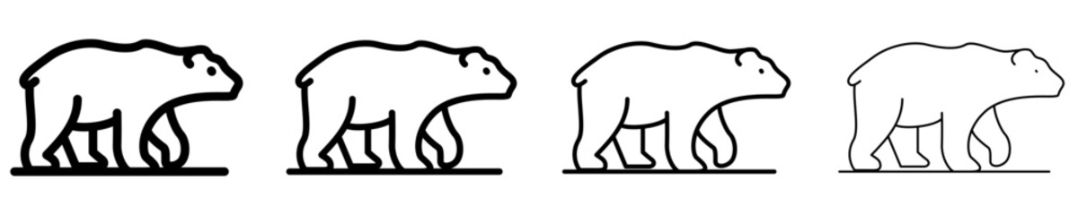 A set of walking polar bear line icons, featured in four different stroke weights. Vector symbols for arctic fauna, wildlife, and environmental awareness. © chekman