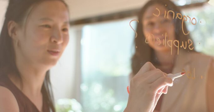 Diverse female coworkers brainstorming at office, Asian woman writing on glass with orange marker