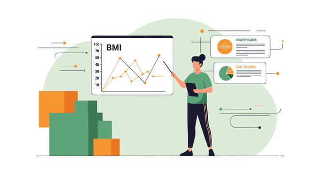 Woman Analyzing BMI Chart and Health Data on Screen, Healthcare Analytics Concept
