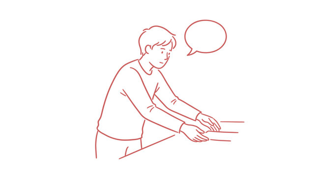 A simple red line art illustration showing a young man leaning over a table with an empty speech bubble for text.