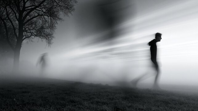 Schwarzwei&szlig;-Aufnahme von zwei verschwommenen menschlichen Silhouetten, die durch dichten Nebel auf einer Wiese gehen.