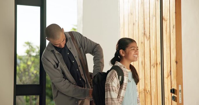 Backpack, doorway and dad with girl child in home, leaving together for school or work. Business, education or help with single parent man and daughter getting ready at entrance to apartment