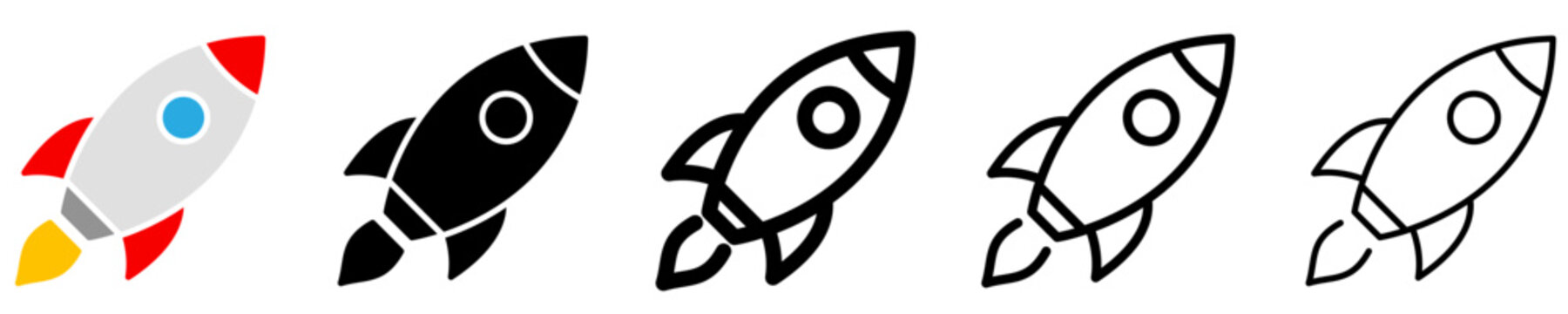 Set of launching rocket icons. Graphic set made in color and black and white versions with different line weights. Vector illustration.