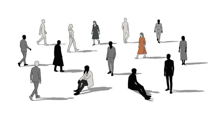 Minimalist architectural silhouettes of people walking and sitting