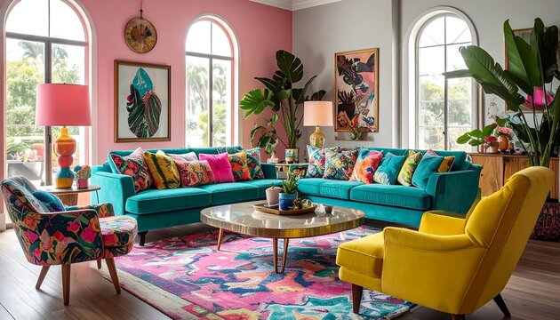 Vibrant Maximalist Living Room with Teal Sofas and Pink Walls