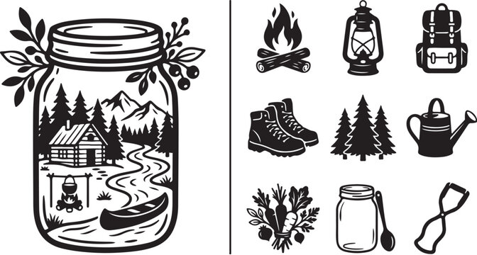 Camping and outdoor adventure icons and illustrations set