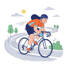 Fototapeta premium Woman Riding Bicycle on Winding Road. a woman with long dark hair wearing an orange shirt and blue shorts rides a bicycle on a winding road with trees and bushes. the sun shines in the sky with clouds