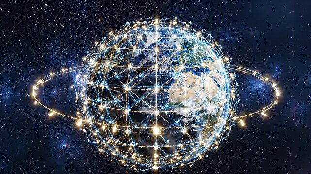 Global digital network connections glowing on Earth satellite view with futuristic technology and data flow