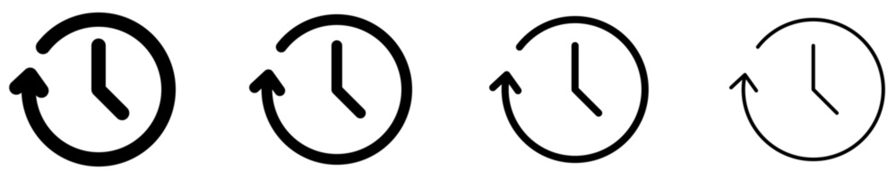 A set of clock icons with a rotating arrow showing different line thickness options. Vector image.