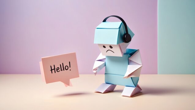 A sad robot wearing VR headset holds a speech bubble saying Hello