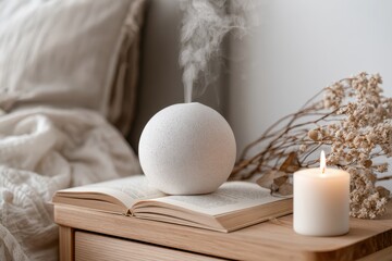Obraz premium Cozy bedroom scene with an essential oil diffuser, lit candle, and dried flowers on a book.