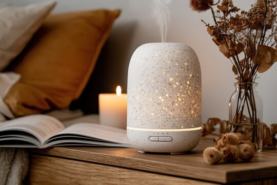 Cozy bedroom scene with a speckled aroma diffuser emitting steam, lit candle, open book, and dried flowers.