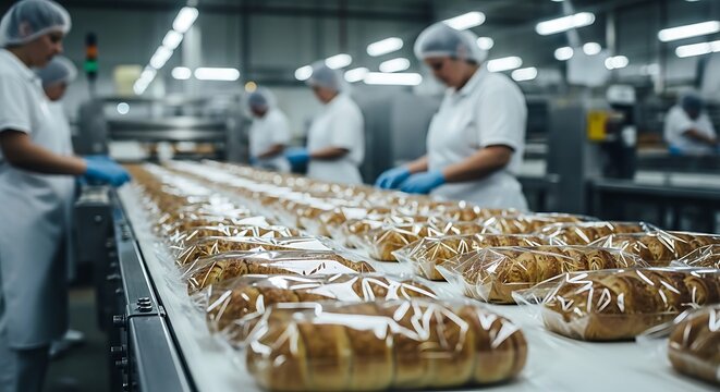 Bakery workers packaging fresh loaves of bread on a factory conveyor belt