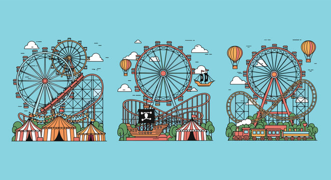 Amusement park icon set featuring detailed illustrations of roller coasters ferris wheels circus tents hot air balloons and pirate ships.