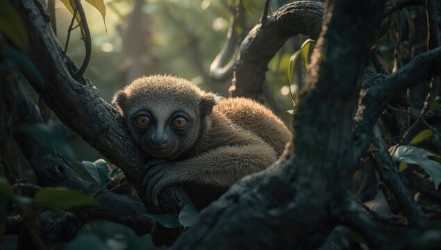 Calm slow loris resting quietly among forest branches
