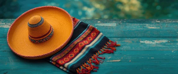 Bright traditional Mexican sombrero paired with colorful woven poncho on weathered wooden surface featuring blurred blue and green background © The 2R Artificiality