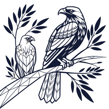 Two majestic eagles perched on branch graphic line art with wildlife, predator