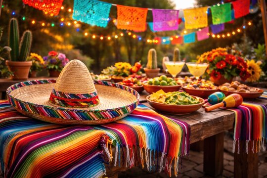 Colorful Mexican fiesta setup showcasing iconic hat and woven blanket