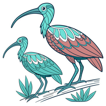 Pair of stylized long-billed birds graphic illustration with wildlife, stylized