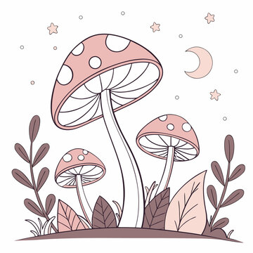 Whimsical forest mushroom illustration with night sky elements, mushroom