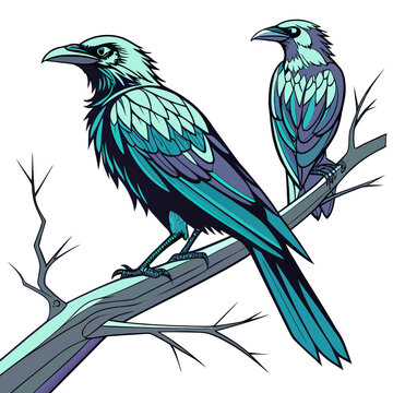 Two stylized ravens perched on a bare tree branch with nature inspired, wildlife