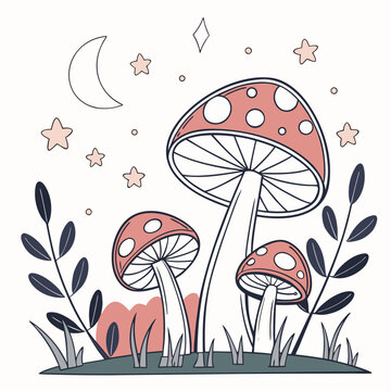 Bohemian style mushroom cluster with moon and stars graphic mushroom botanical