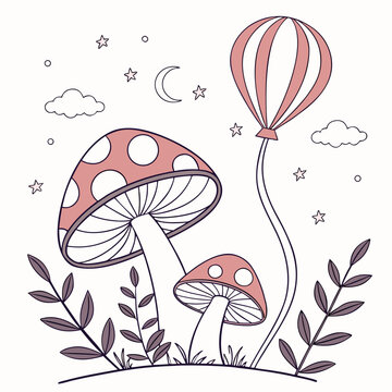 Dreamy mushroom and hot air balloon fantasy graphic with mushroom, whimsical