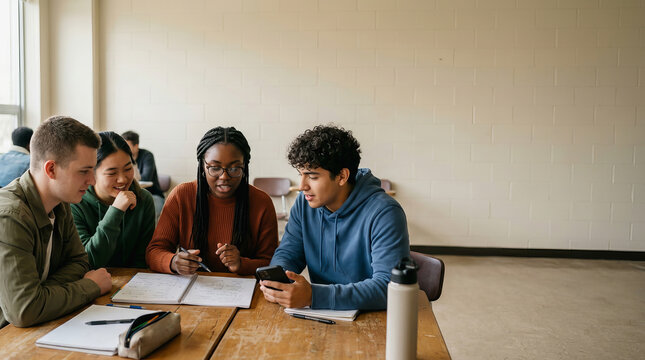 Diverse group of students collaborating on a project at a wooden table in a classroom setting.
