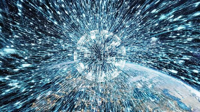Digital illustration of Earth from space with futuristic glowing data vortex and starry galaxy background