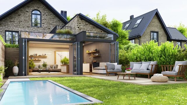 Modern patio with swimming pool and luxury house design
