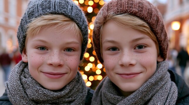 Zwei blonde Kinder mit Wollm&uuml;tzen und Schals l&auml;cheln in die Kamera vor einem beleuchteten Weihnachtsbaum.