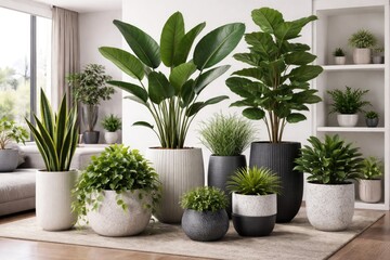 Fototapeta premium Modern pot displays with artificial plants enhancing yearlong natural beauty for office and home decoration