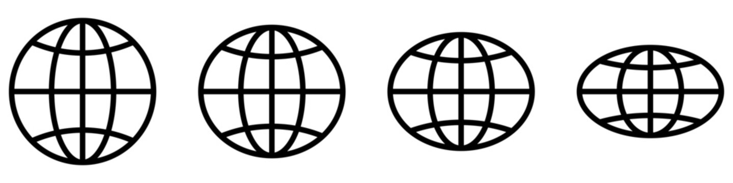 Set of globe or planet earth icons with different levels of vertical compression changing from circle to ellipse shape. Vector illustration.