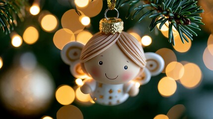 Obraz premium Eine süße Engelfigur als Weihnachtskugel mit lächelndem Gesicht hängt an einem Tannenzweig vor goldenem Bokeh-Hintergrund.