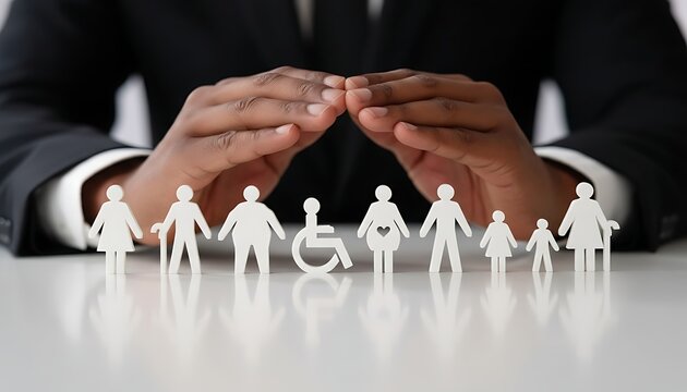 Business person hands protecting diverse group of people figures