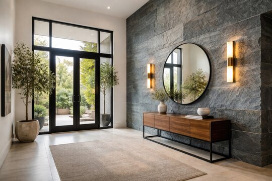 Stylish modern foyer with a large bluestone wall in a recent construction