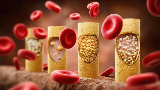 Red blood cells circulate around microscopic tube structures containing granular material.