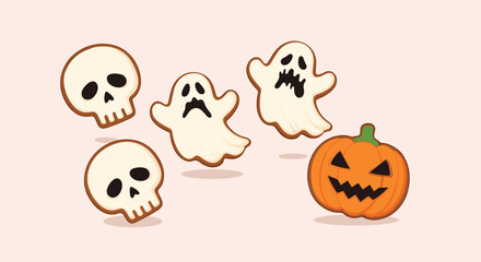 Fototapeta premium Collection of decorated Halloween sugar cookies shaped like ghosts skulls and a carved pumpkin arranged on a light background for festive treats.