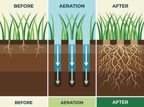 Infographic showing lawn aeration benefits with before and after comparison of grass root growth and soil structure for professional garden maintenance and landscaping.