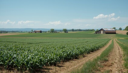Fototapeta premium A productive cultivated field with faraway barns and farm equipment