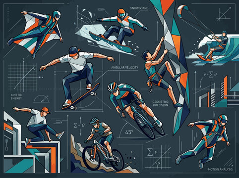 Abstract Geometric Illustration of Extreme Sports with Physics Formulas and Motion Analysis Graphs
