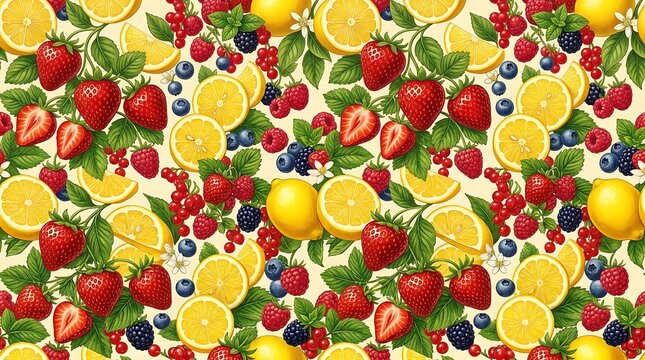 Seamless botanical illustration of strawberries, lemons, raspberries and mixed berries on cream background