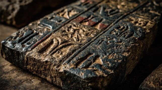 Close-up of weathered stone tablet with carved symbols and ancient script